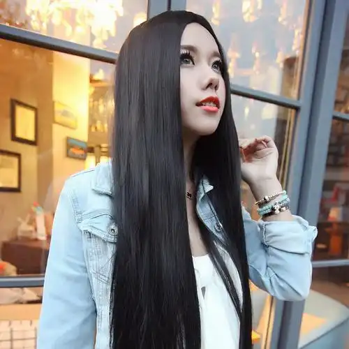 中分假发女直长中分刘海假头发逼真修脸中分长发直发蓬松长发直发黑色