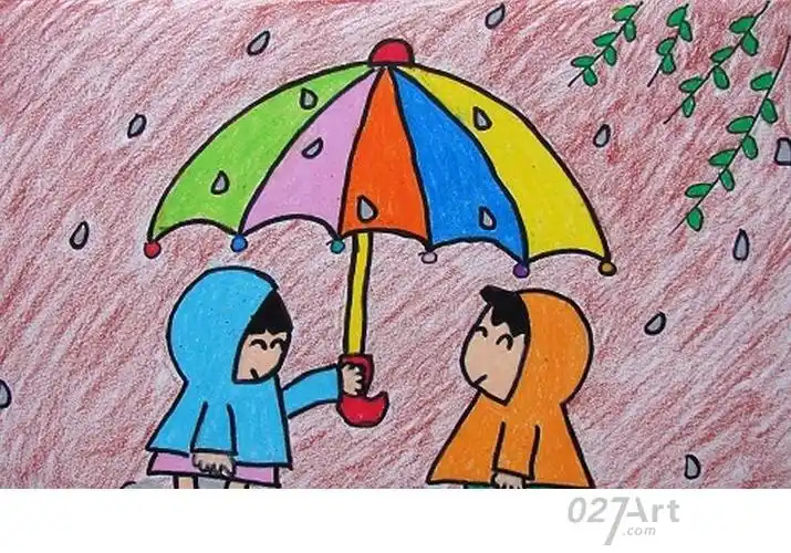 互相帮助的好朋友下雨打伞儿童画作品分享