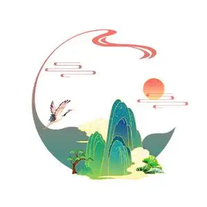 装饰元素国潮圆边框山鹤装饰素材