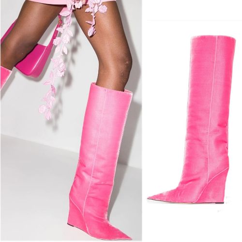 欧美跨境外贸秋冬坡跟尖头玫红色绒面及膝靴粉红色高跟长靴高筒靴