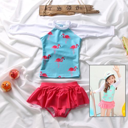 儿童泳衣女孩子中小童飞边三角裤长袖防晒速干潜水小鸟分体游泳装