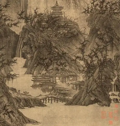 北宋李成《晴峦萧寺图》山水国画艺术微喷装饰画56x111.4复制临摹