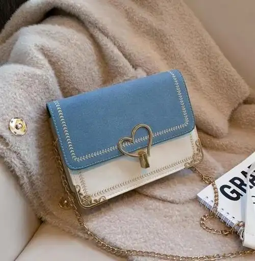 女包时尚新款包包女可爱单肩斜挎女包磨砂锁扣链条小方包绣线