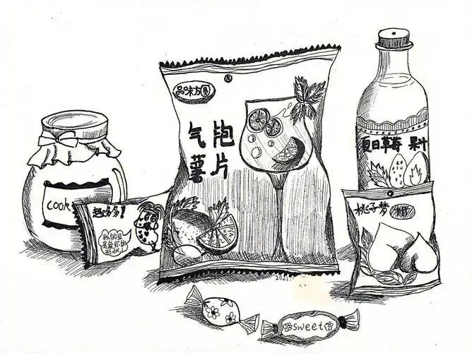 小朋友零食写生线描画