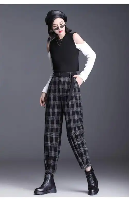 哈伦裤女秋冬2020年新款宽松显瘦高腰毛呢格子小个子束脚萝卜裤子