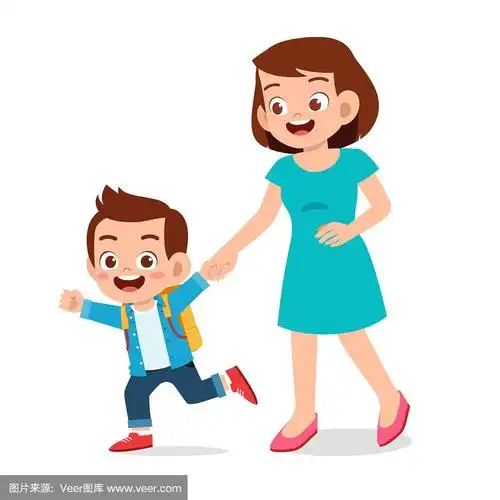 快乐可爱的小男孩和妈妈第一天上学