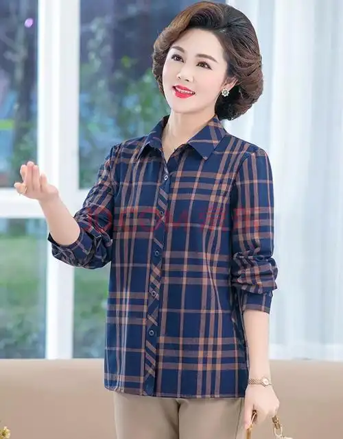 财士鸟中老年女装纯棉格子衬衫女上衣春秋全棉长袖中年妈妈老年人衬衣