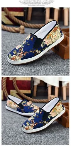 花布鞋中国风情侣男士牛筋底一脚蹬轻便休闲鞋开车鞋紫薇花开40码国际