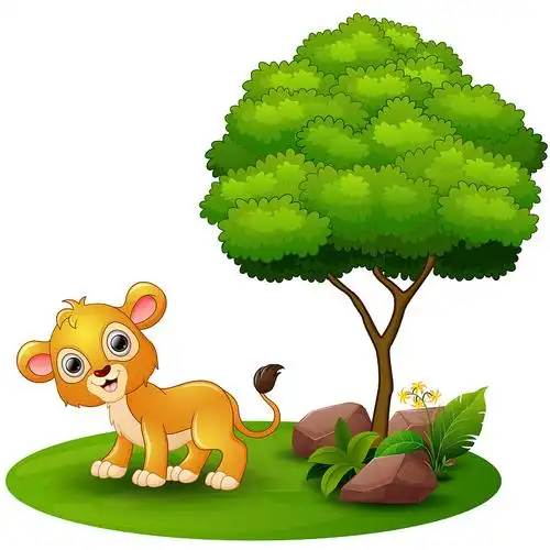 卡通小狮子坐在草地上的背架上