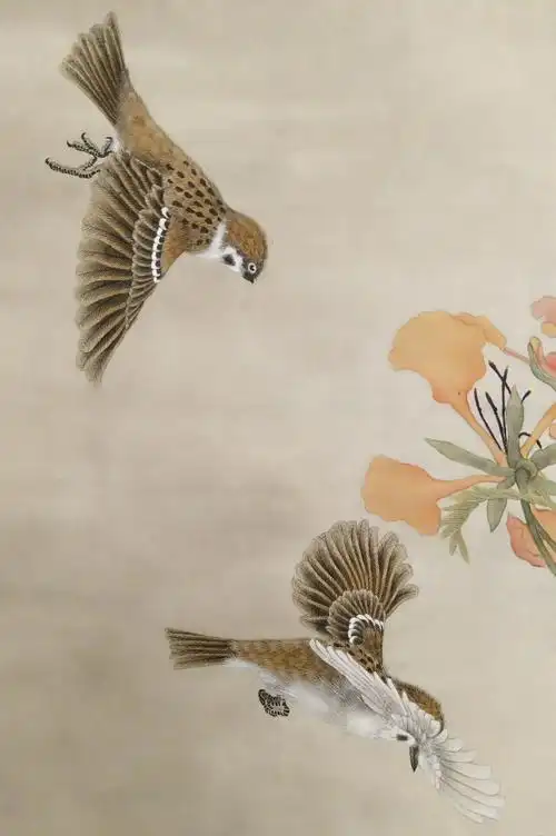 写实工笔花鸟画欣赏:《凤凰花间雀逍遥》