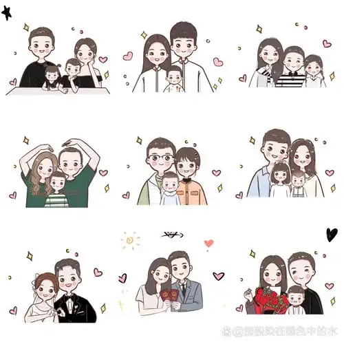 口卡通头像,手绘亲子全家福头像 一家三口四口卡通头像制作 情侣q版