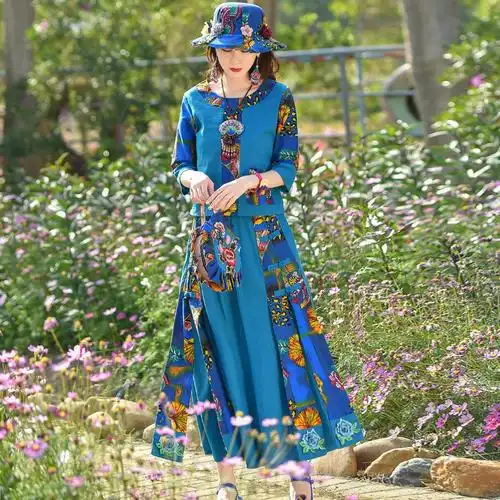 云南民族风复古棉麻女装套装春夏时尚套裙显瘦气质两件套女连衣裙