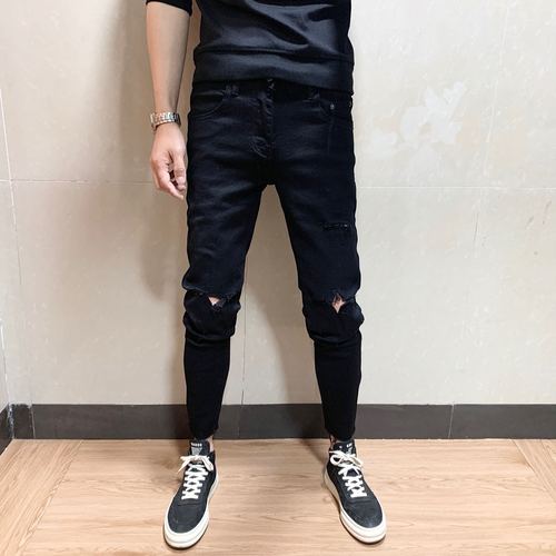黑色牛仔裤男小脚九分紧身