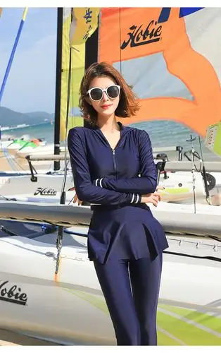 韩版游泳衣女分体裙式运动版长袖长裤防晒潜水服保守拉链帽衫泳装