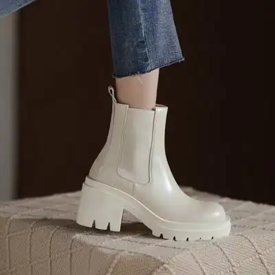 zdzy真皮白色切尔西短靴女2021新款bv高跟马丁靴粗跟厚底粗跟靴子