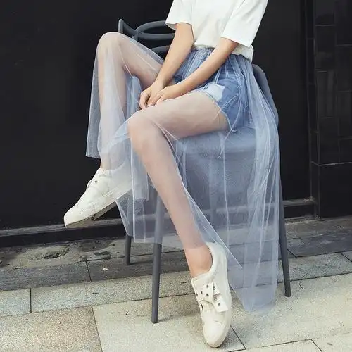 牛仔裤拼接网纱裙_2018新款牛仔短裤拼接纱裙女夏韩国中长款网纱半身