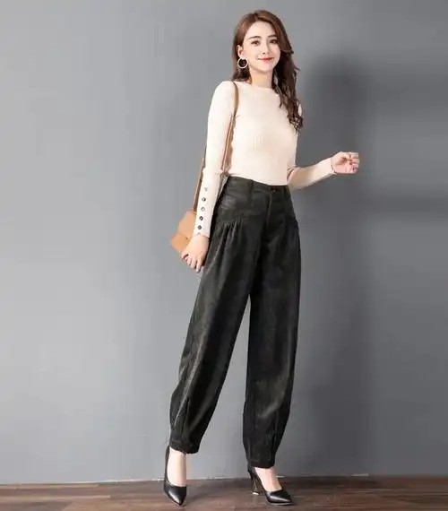 pdd灯芯绒女裤韩版哈伦萝卜裤秋冬高腰大码裤子女宽松显瘦条绒灯笼裤