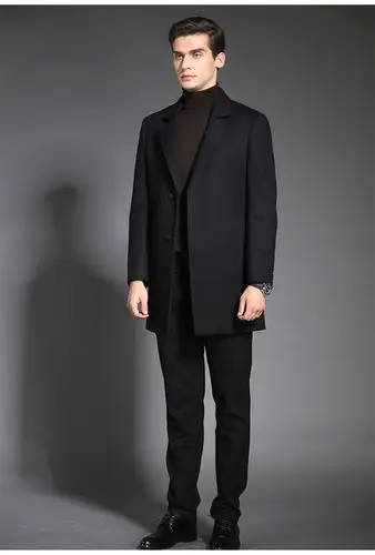 羊绒大衣男秋冬季新款西装领商务中长款休闲西装外套职业工装外套 黑