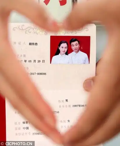 一对新人在山东省枣庄市市中区民政局婚姻登记处展示领到的结婚证