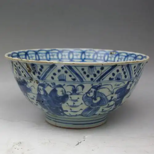 清三代早期雍正八蛮献宝大碗景德镇明清老青花瓷器古董古玩摆件