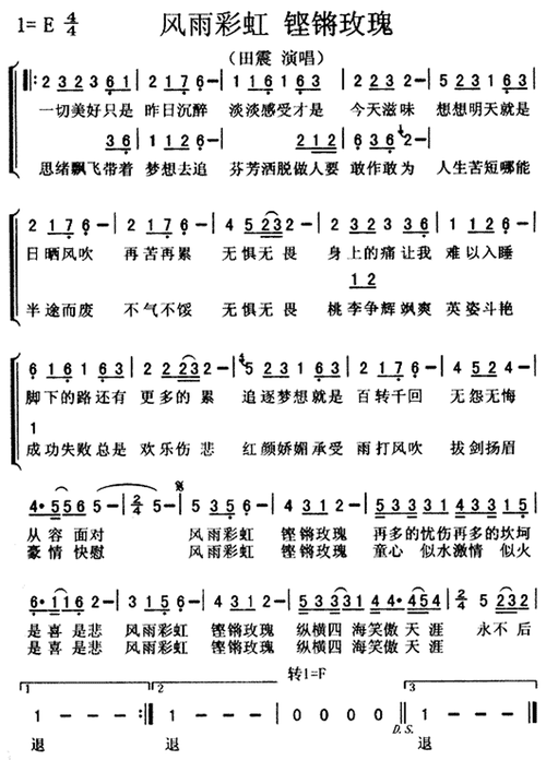 风雨彩虹铿锵玫瑰 田震 歌谱 简谱