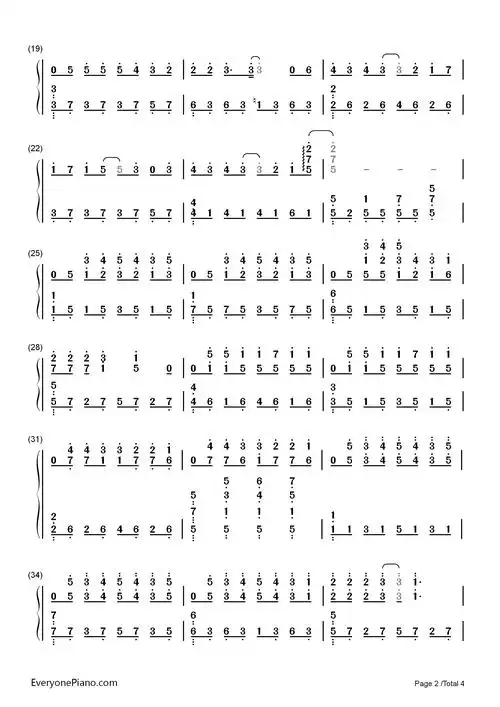 安静双手简谱预览2-钢琴谱文件(五线谱,双手简谱,数字谱,midi,pdf)