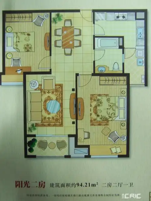 万科翡翠雅宾利户型图 二房二厅一卫,面积约94.21平方米