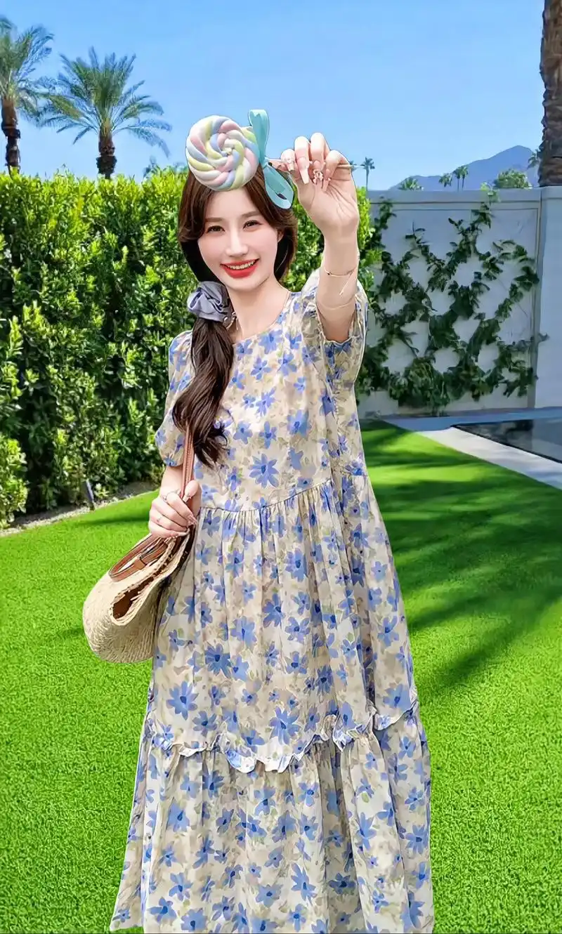 法式复古碎花宽松连衣裙女夏季甜美温柔泡泡袖长款初