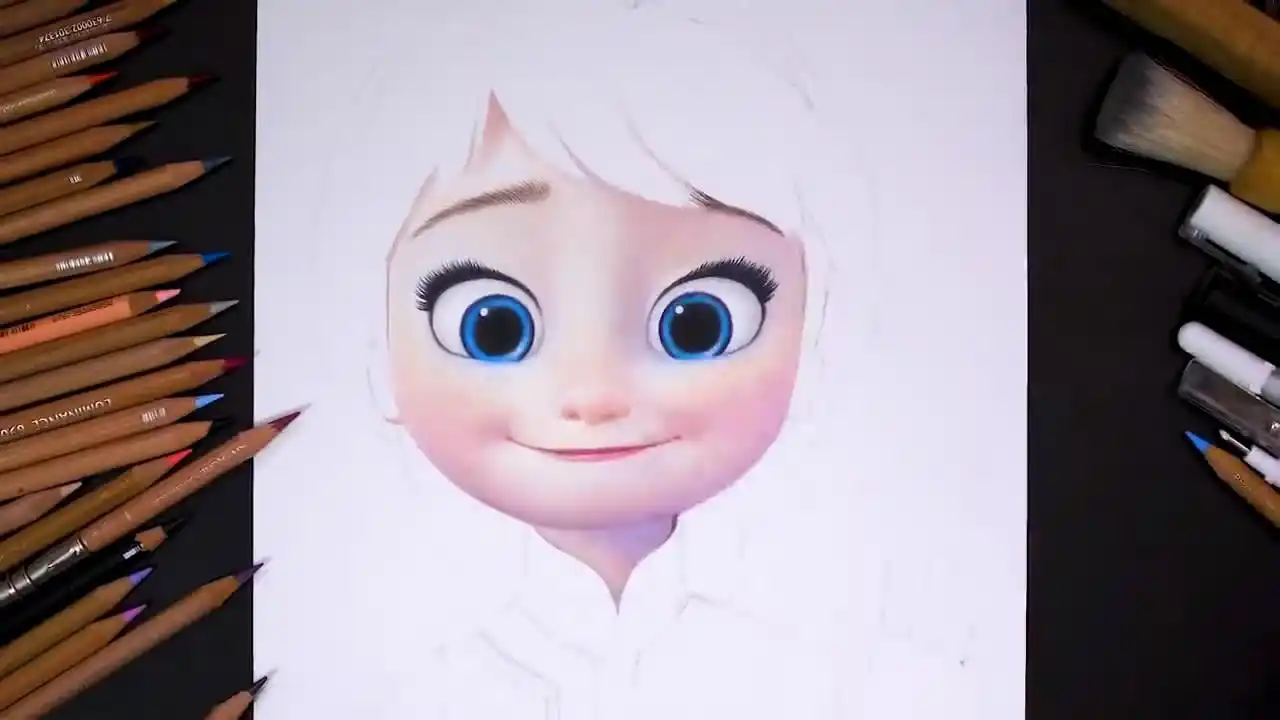 手工彩笔画作品,带你学习如何画小时候的艾莎,创意十足!