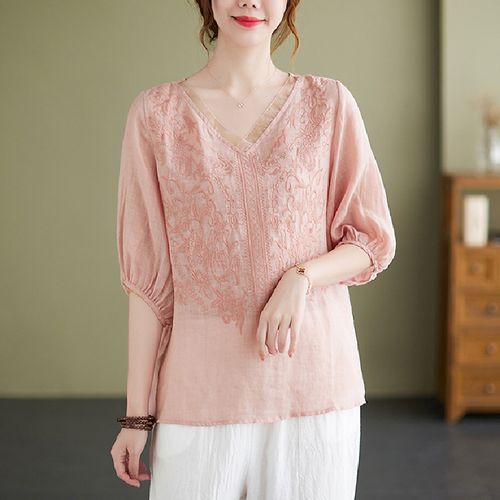 女士苎麻上衣夏装2022新款中年妈妈棉麻休闲t恤宽松小衫亚麻女装