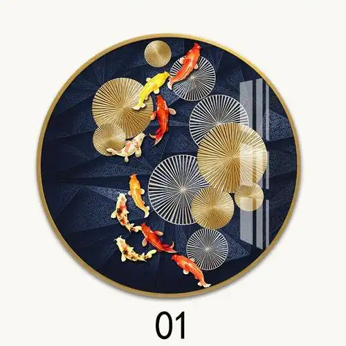 弗星 玄关装饰画九鱼图挂画客厅背景墙现代北欧轻奢圆形晶瓷画装饰