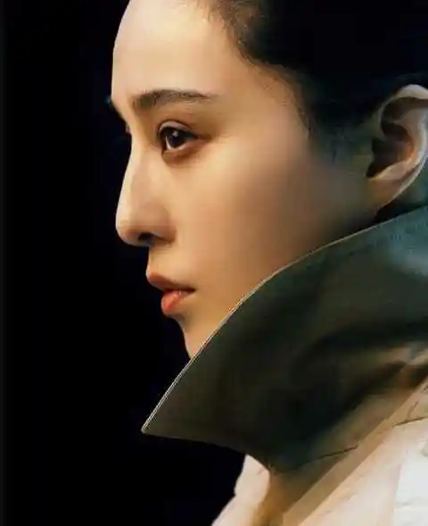 展现的是范冰冰的侧颜,可以看出她的额头圆润饱满,鼻子挺秀,唇形优美