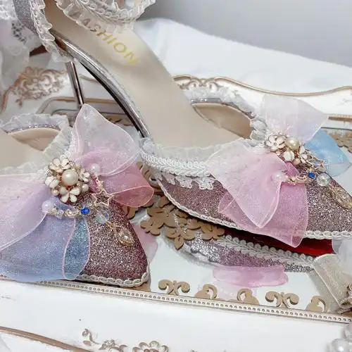 少女lolita手作蓝紫色花嫁高跟鞋蝶语九歌樱茶明月洛丽塔鞋类