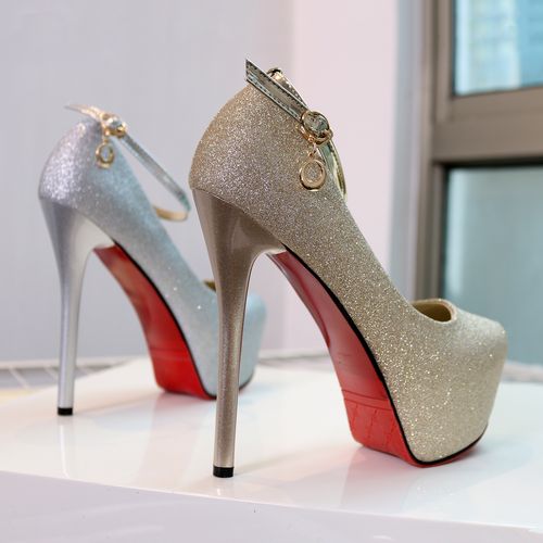 一字带高跟鞋性感女 金色亮片亮闪闪恨天高礼服婚鞋 新娘伴娘优雅