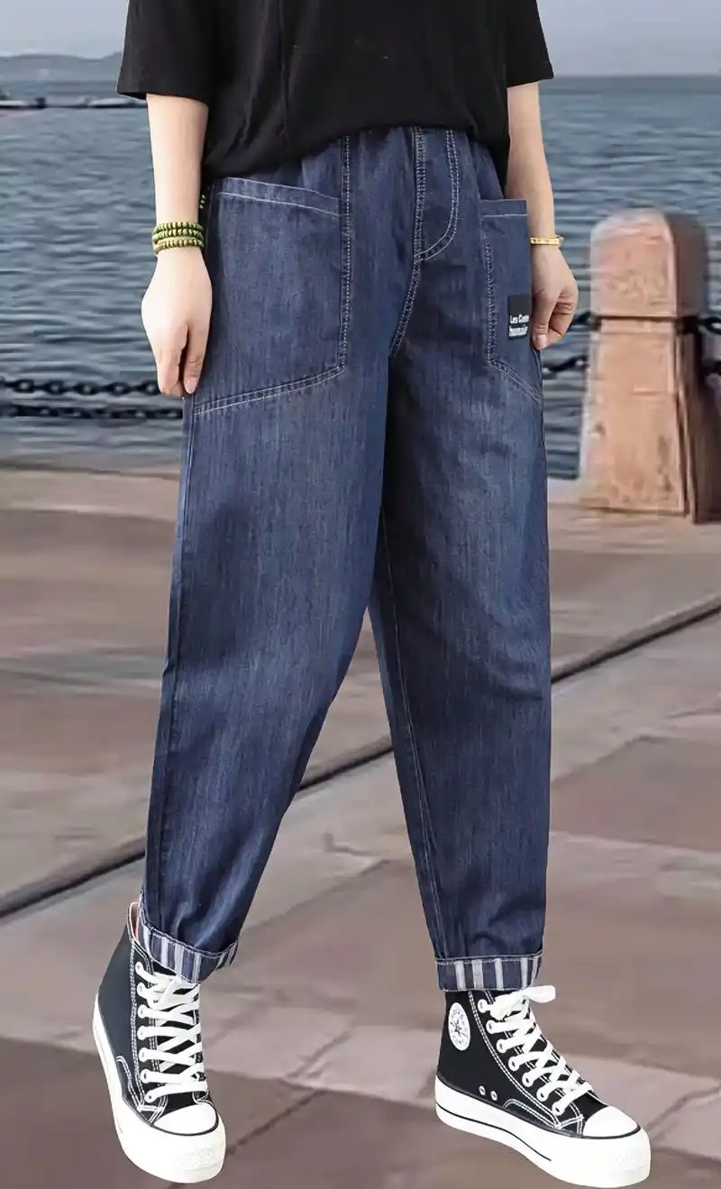 新款复古风宽松休闲松紧腰哈伦牛仔裤.hey,亲爱的们!今儿个 - 抖音