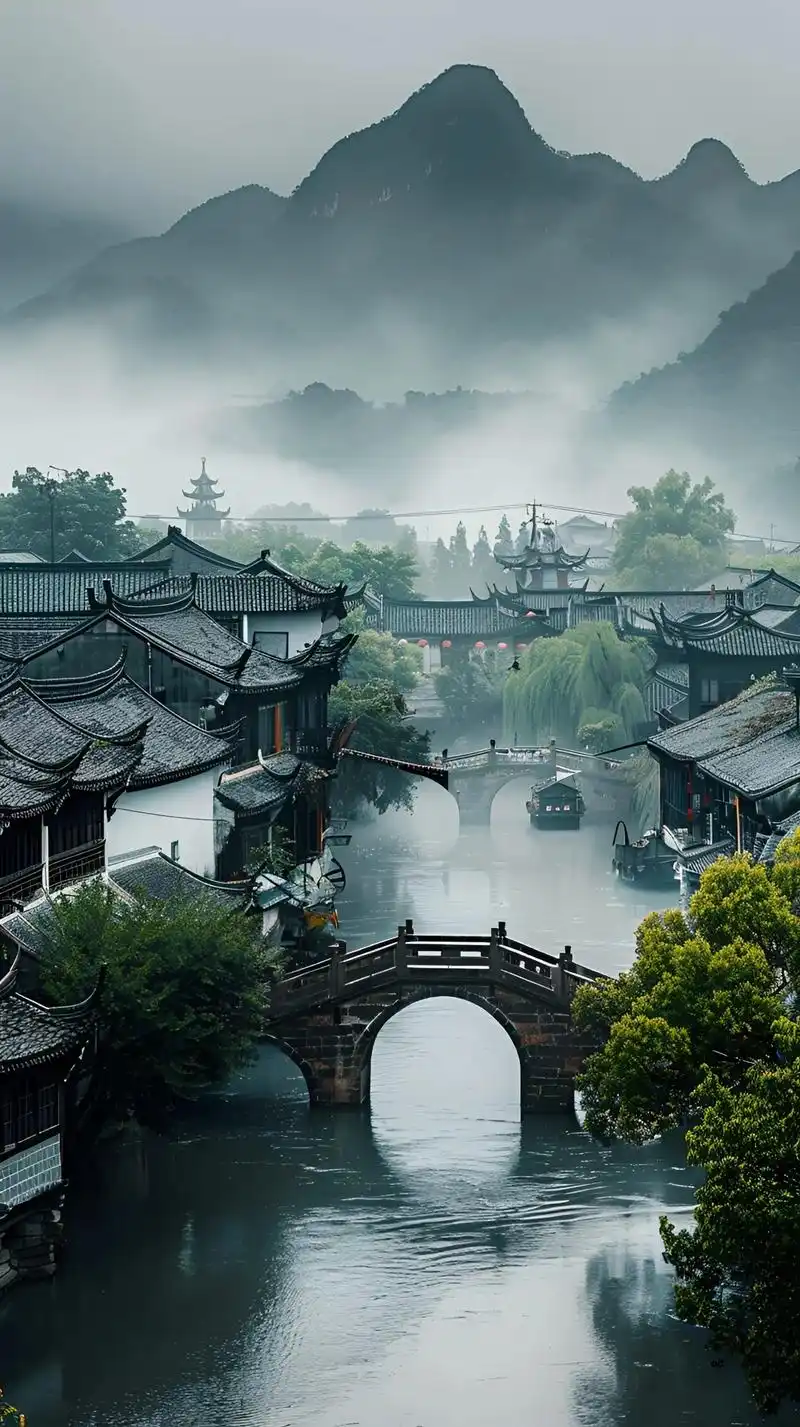 水墨江南,烟雨蒙蒙,小桥流水,古巷幽深.柳絮飘飞,轻拂岸边翠竹