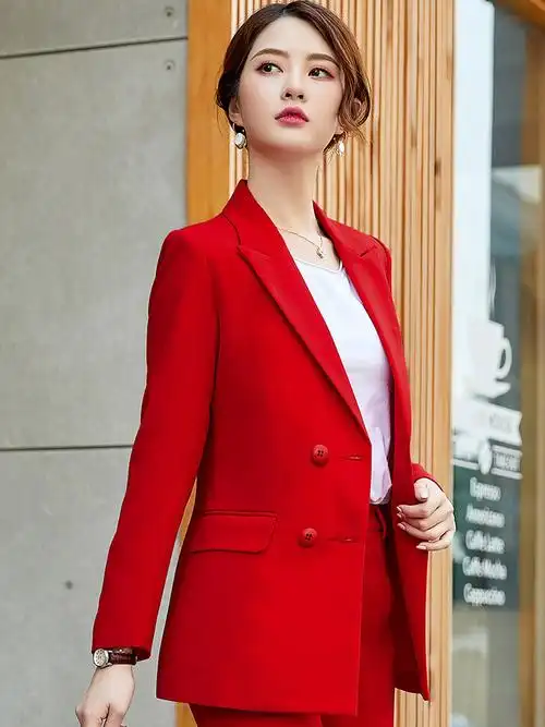 婚庆司仪主持人小礼服女长袖秋冬红色中长款西装外套大码晚宴衣服