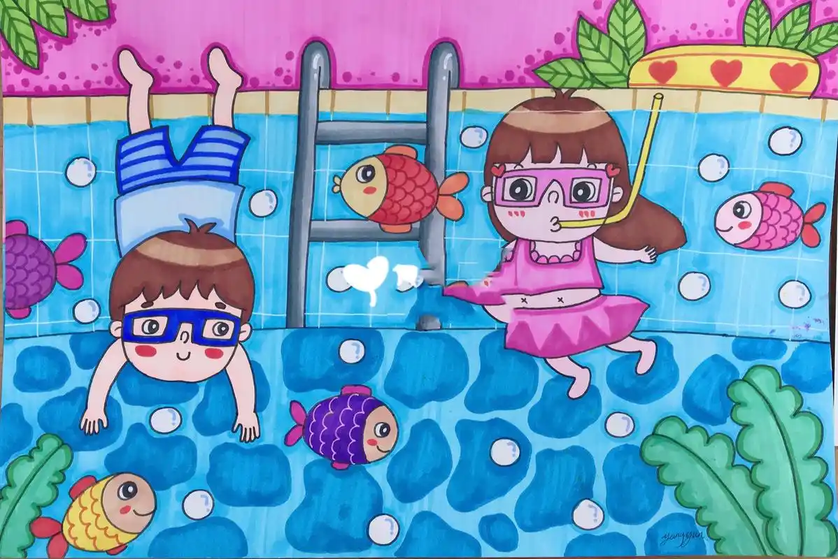 【吖丫乐手绘】夏日游泳池主题儿童画 课堂示范