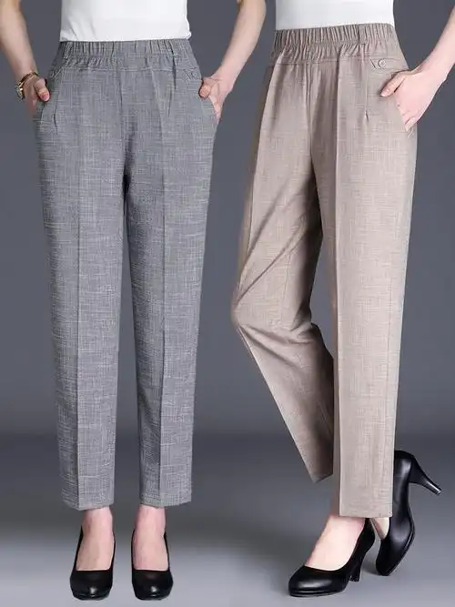 新品妈妈裤子夏季薄款九分裤棉麻宽松直筒中老年人女裤松紧旗舰店