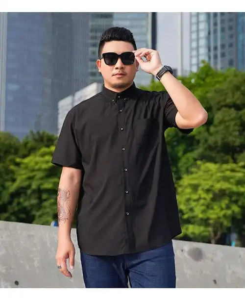 加肥加大宽松条纹半袖大码纯色衬衣男休天蓝条纹185适合160180斤左右