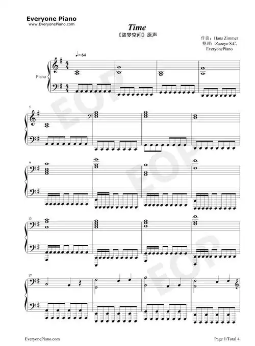 time盗梦空间inceptionost五线谱预览1