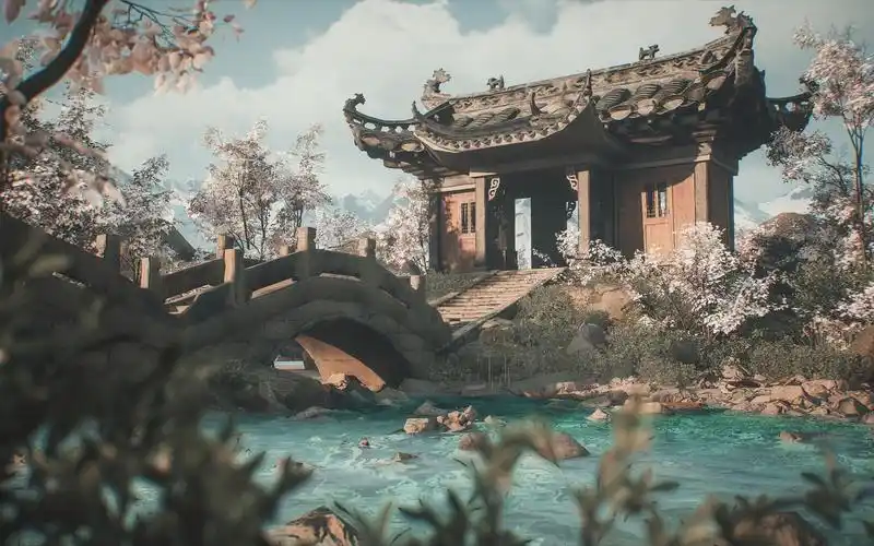 pbrmax国风美学丨中式古风3d渲染场景赏析《 落花古庙》丨createwith