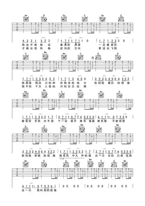 倔强吉他谱_五月天_g调原版扫弦六线谱_《倔强》吉他弹唱谱