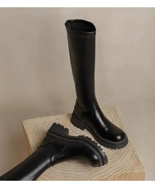 长筒靴腿粗后拉链厚底小个子中筒长皮靴秋冬新款高筒马丁靴女英伦长筒