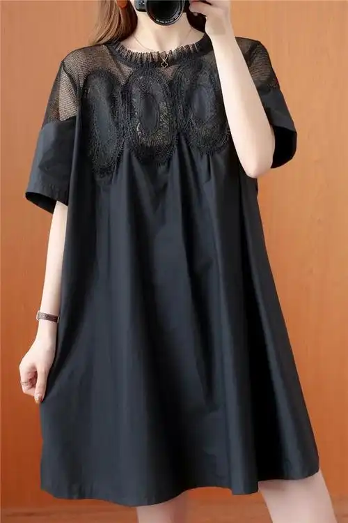 大码女装200斤夏装胖妹妹洋气蕾丝网纱拼接连衣裙显瘦高腰公主裙