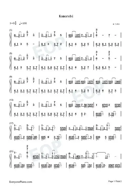 komorebi-叶隙间洒落的阳光-抖音神曲双手简谱预览1-钢琴谱文件