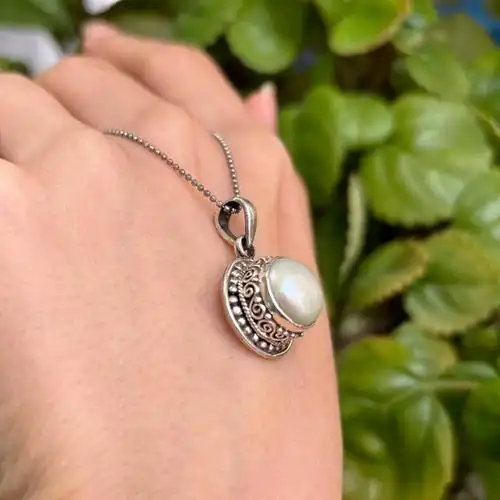 尼泊尔手工925纯银镶嵌天然珍珠吊坠复古宫廷气质民族风锁骨坠