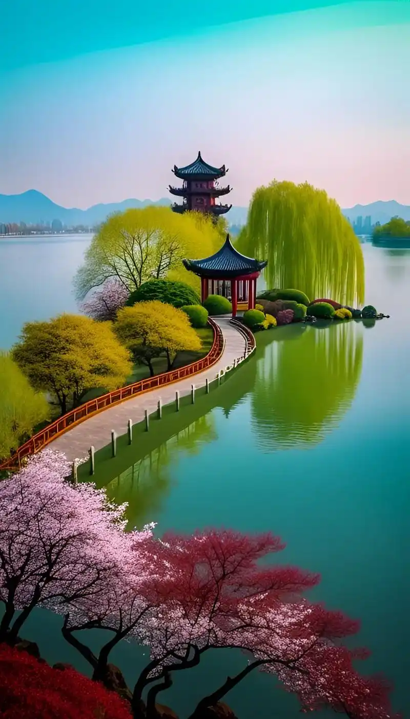 夏日西湖,湖水翠绿蓝,群山苍翠青,微风柔柔拂面,小桥流水人影 - 抖音