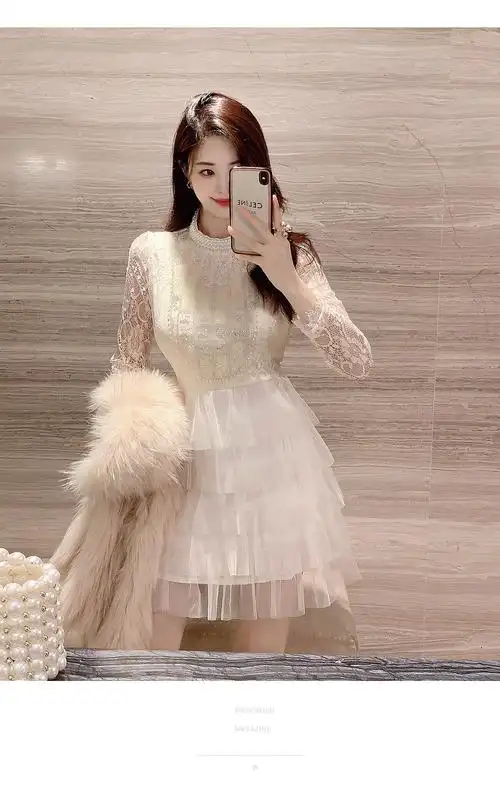 新款重工钉珠纯欲风蕾丝连衣裙镂空网纱打底裙 - 17网