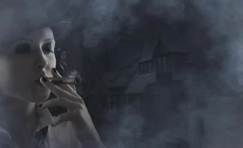 年轻有吸引力的女流氓吸烟雪茄在黑 backgro